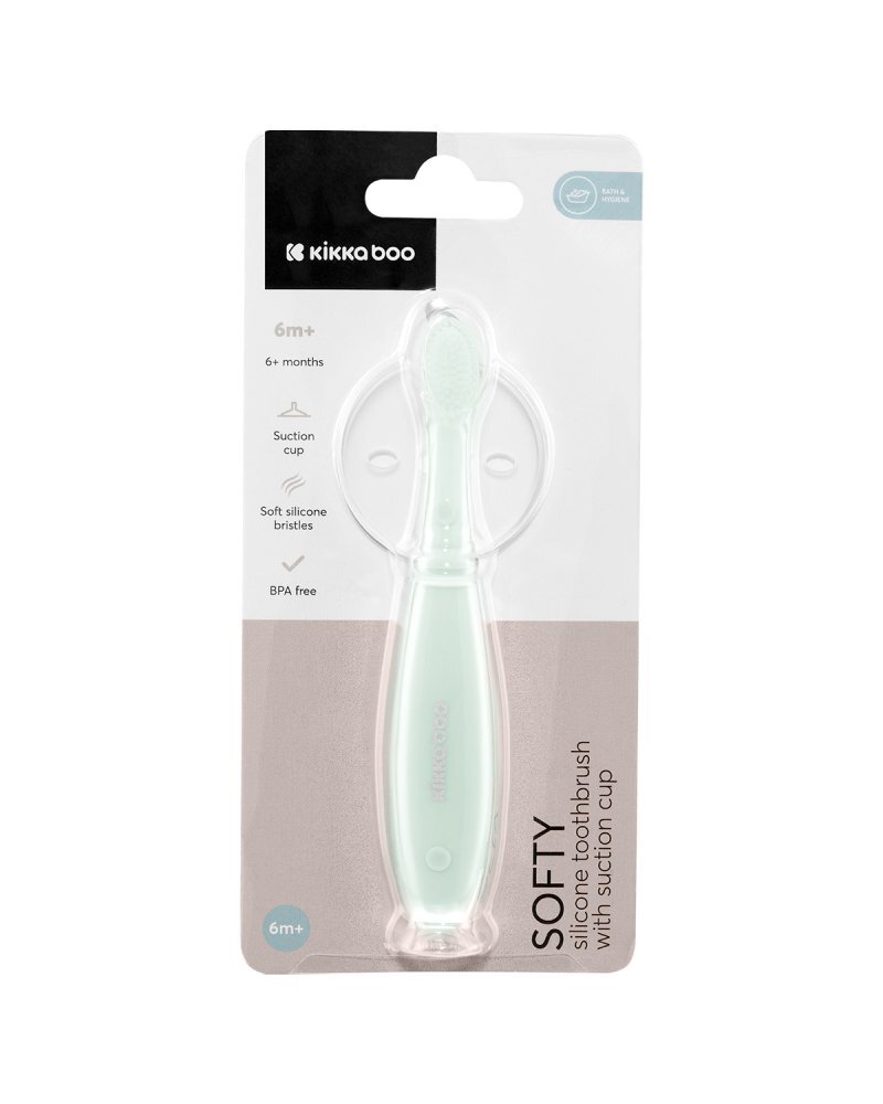 KikkaBoo Periuta de dinti pentru bebelusi Softy Mint din siliconrecomandata de la 6 luni cu ventuza pentru fixare pe chiuvetaFara BPA