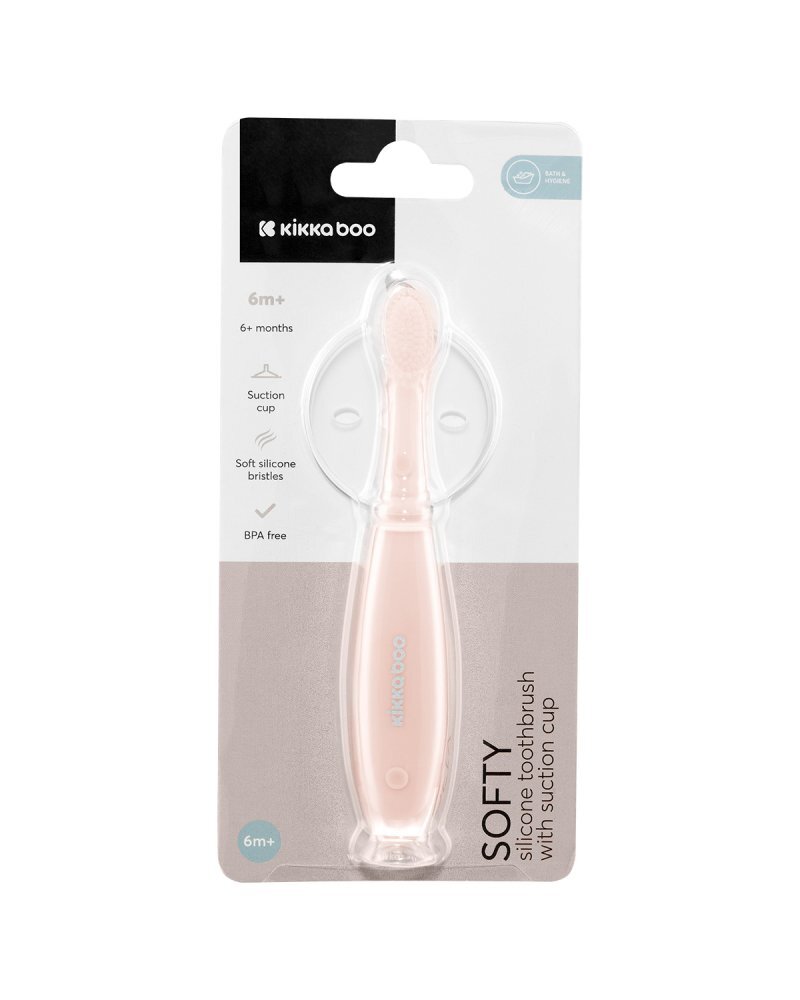 KikkaBoo Periuta de dinti pentru bebelusi Softy Pink din siliconrecomandata de la 6 luni cu ventuza pentru fixare pe chiuvetaFara BPA