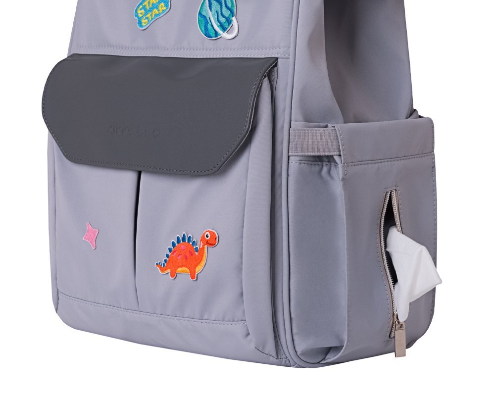 KikkaBoo Rucsac multifunctional pentru mamici Myla Grey cu ecusoane detasabile si accesorii colorate organizator pentru scutece si accesorii buzunare laterale curea reglabila2 compartimente termoizolante pentru biberoane