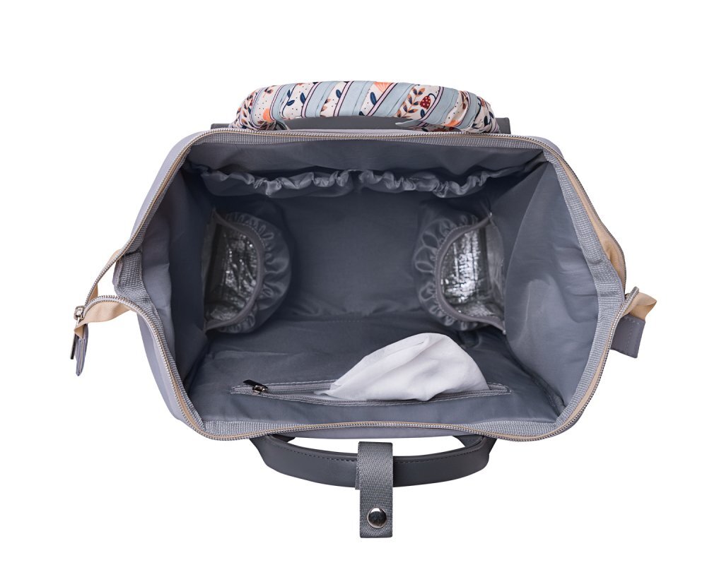 KikkaBoo Rucsac multifunctional pentru mamici Myla Grey cu ecusoane detasabile si accesorii colorate organizator pentru scutece si accesorii buzunare laterale curea reglabila2 compartimente termoizolante pentru biberoane