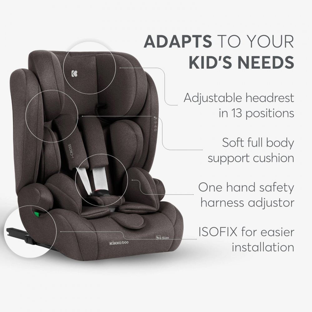 KikkaBoo Scaun auto cu ISOFIX i-Cross i-SIZE Brown 76-150 cmtetiera reglabila in 13 pozitii cu spuma de memoriecentura top tetherhusa detasabilaperna reductor