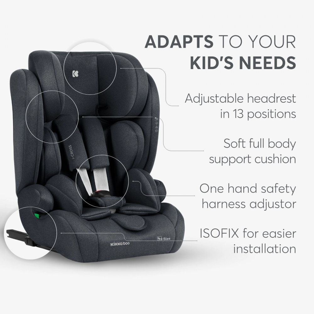 KikkaBoo Scaun auto cu ISOFIX i-Cross i-SIZE Dark Grey 76-150 cmtetiera reglabila in 13 pozitii cu spuma de memoriecentura top tetherhusa detasabilaperna reductor
