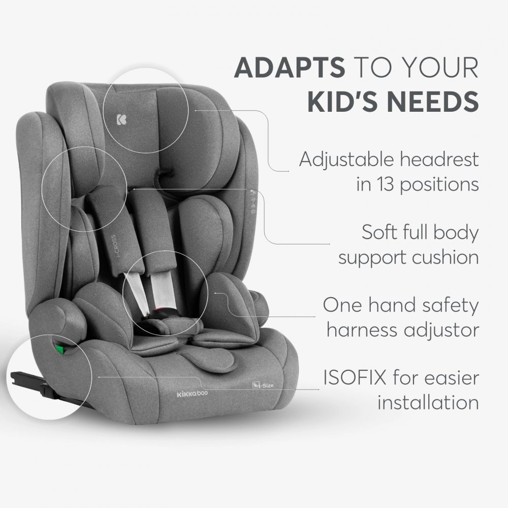 KikkaBoo Scaun auto cu ISOFIX i-Cross i-SIZE Light Grey 76-150 cmtetiera reglabila in 13 pozitii cu spuma de memoriecentura top tetherhusa detasabilaperna reductor