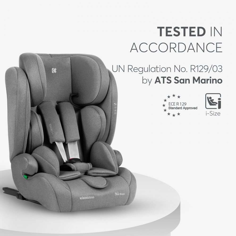 KikkaBoo Scaun auto cu ISOFIX i-Cross i-SIZE Light Grey 76-150 cmtetiera reglabila in 13 pozitii cu spuma de memoriecentura top tetherhusa detasabilaperna reductor