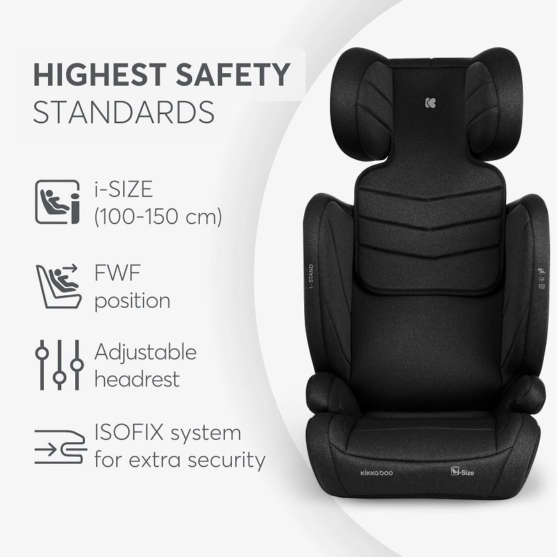 KikkaBoo Scaun auto cu isofix i-Stand Black 100-150 cmcertificare I-Size tetiera reglabila in 13 pozitii tetiera cu spuma de memoriehusa detasabila