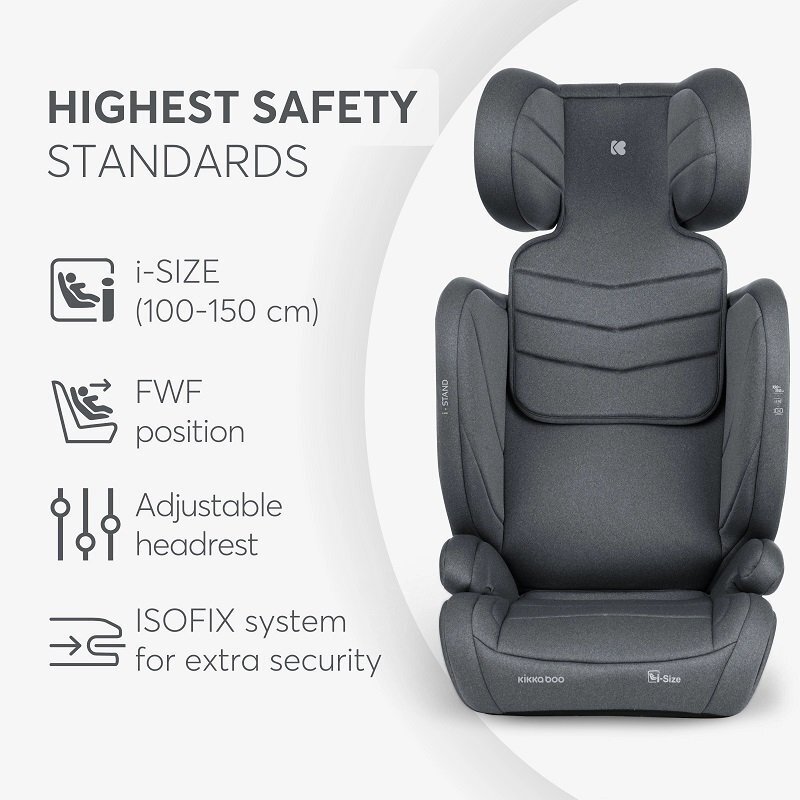 KikkaBoo Scaun auto cu isofix i-Stand Dark Grey 100-150 cmcertificare I-Size tetiera reglabila in 13 pozitii tetiera cu spuma de memoriehusa detasabila
