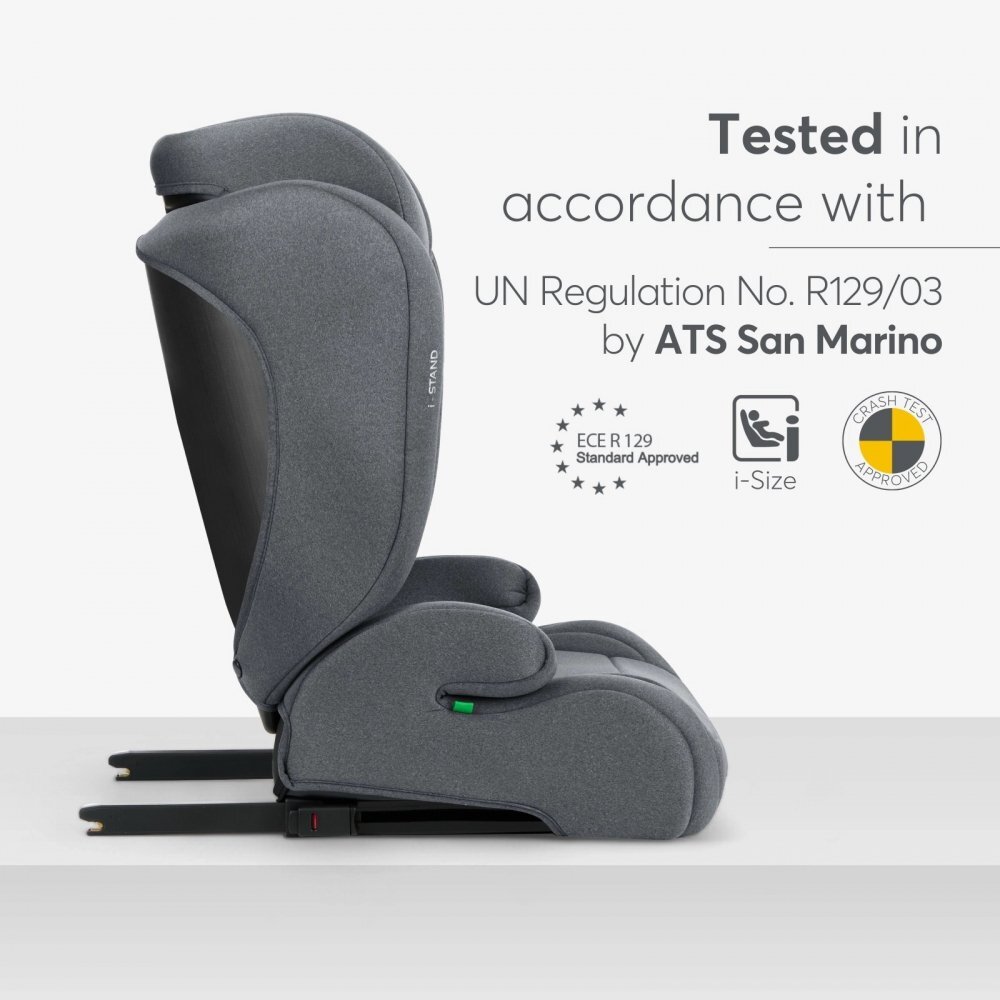 KikkaBoo Scaun auto cu isofix i-Stand Dark Grey 100-150 cmcertificare I-Size tetiera reglabila in 13 pozitii tetiera cu spuma de memoriehusa detasabila