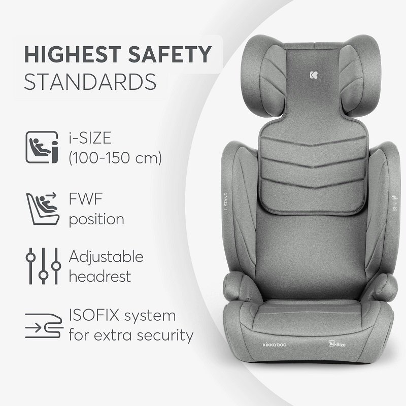 KikkaBoo Scaun auto cu isofix i-Stand Light Grey 100-150 cmcertificare I-Size tetiera reglabila in 13 pozitii tetiera cu spuma de memoriehusa detasabila