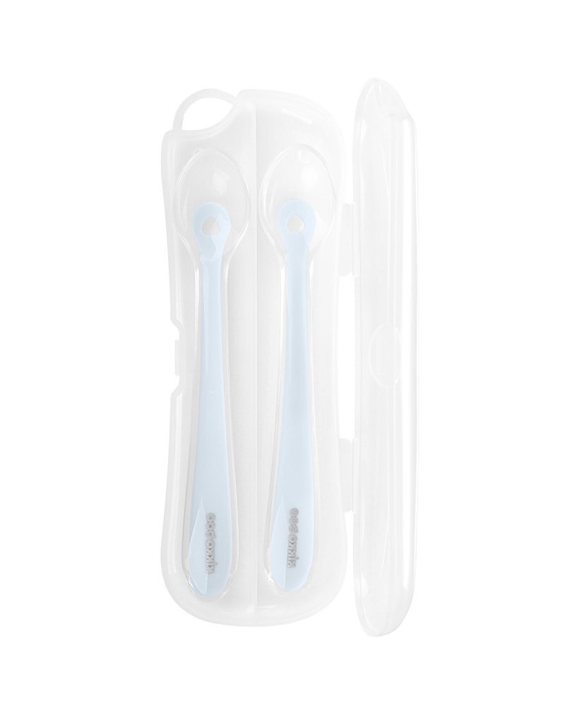 KikkaBoo Set 2 lingurite din silicon pentru copii Blue in cutiuta depozitareRecomandata de la 4 luniFara BPATextura extrem de moale