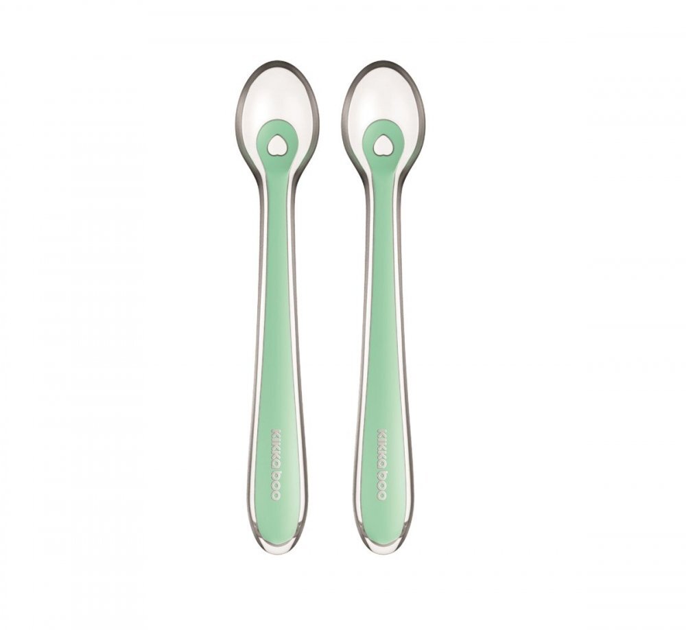 KikkaBoo Set 2 lingurite din silicon pentru copii Mint in cutiuta depozitareRecomandata de la 4 luniFara BPATextura extrem de moale