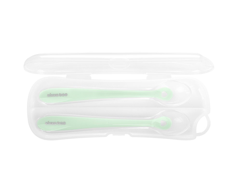 KikkaBoo Set 2 lingurite din silicon pentru copii Mint in cutiuta depozitareRecomandata de la 4 luniFara BPATextura extrem de moale
