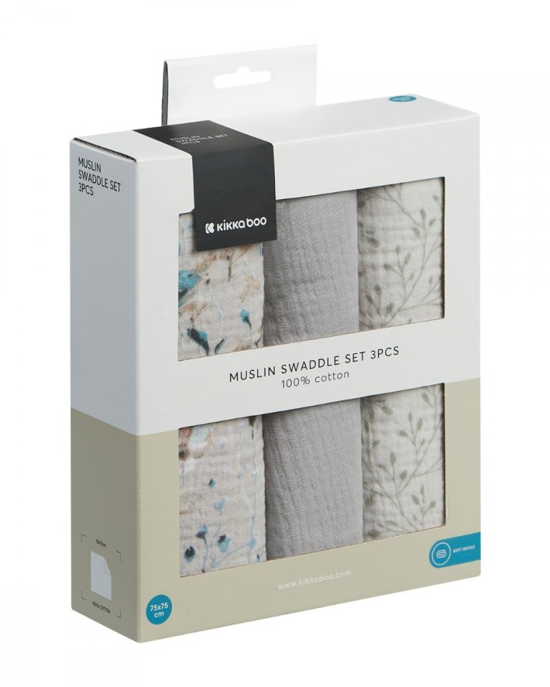 KikkaBoo Set 3 scutece din muselina 75x75 cm Dreamy Fields Grey
