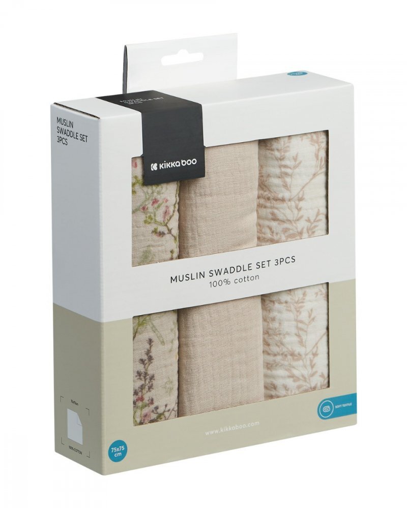 KikkaBoo Set 3 scutece din muselina 75x75 cm Secret Garden Beige