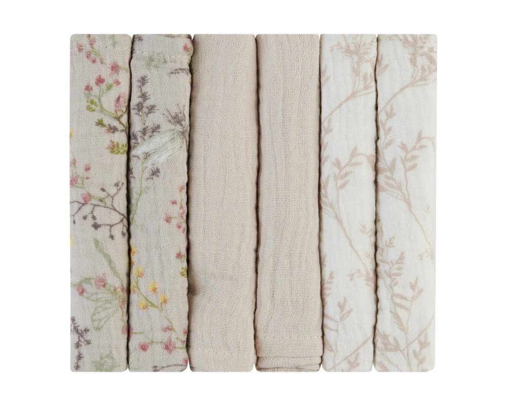 KikkaBoo Set 6 mini prosopele Secret Garden Beige 30x30 cm din muselinatesatura naturala respirabila din bumbacutilizare multiplaimprimeu vesel