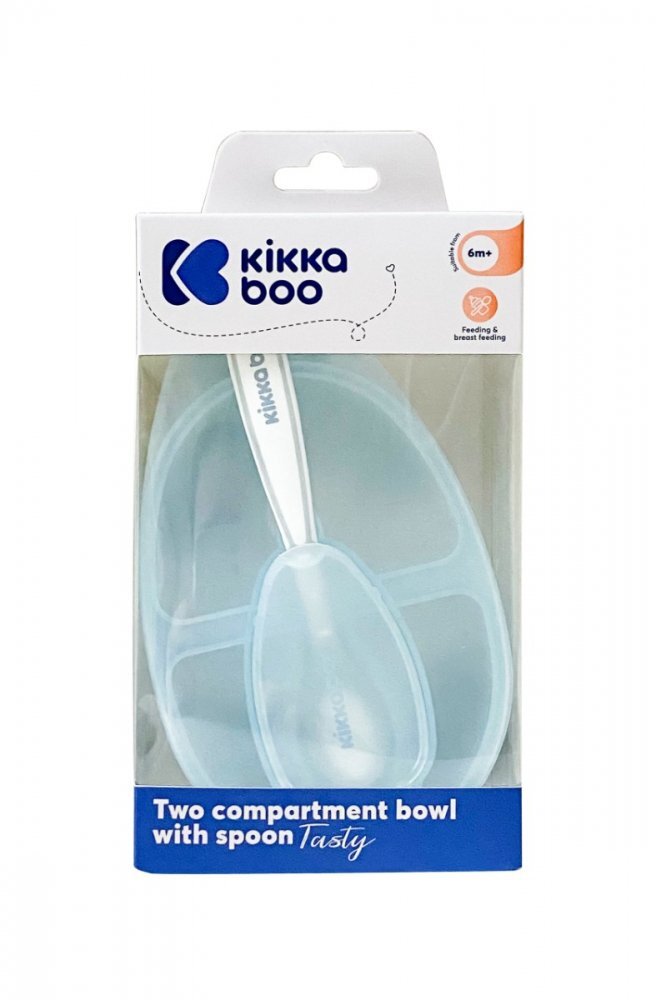 KikkaBoo Set castron compartimentat si lingurita Tasty Blue capac inclus capacitate 150120 ml