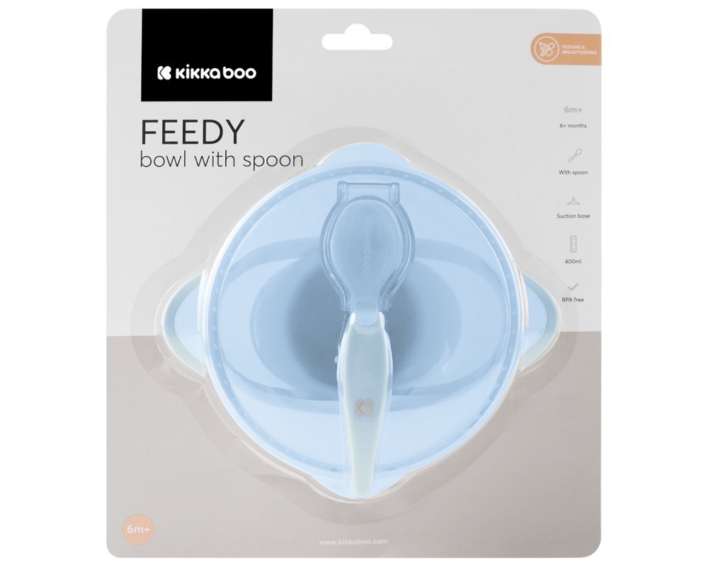 KikkaBoo Set castronel cu ventuza capac si lingurita Feedy Blue