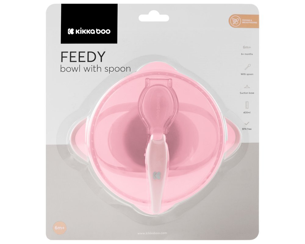 KikkaBoo Set castronel cu ventuza capac si lingurita Feedy Pink