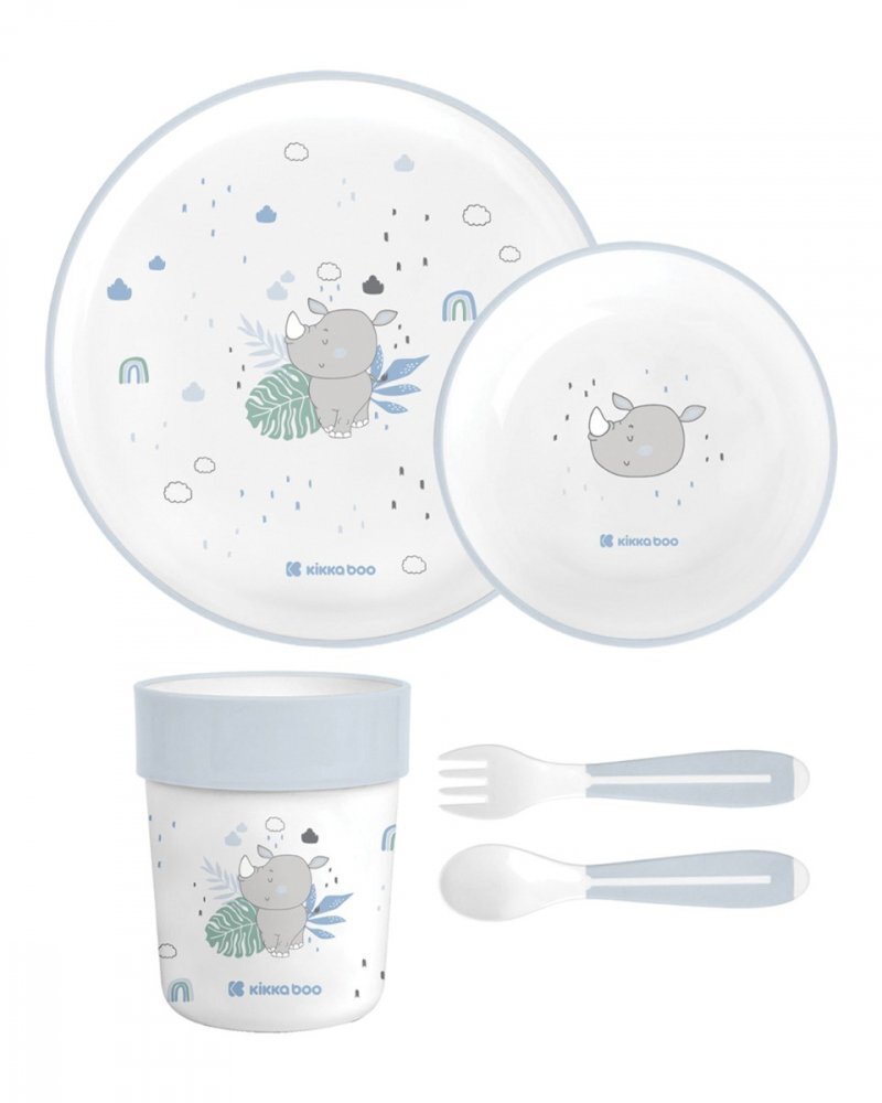 KikkaBoo Set de masa pentru copii cu 5 piese Savanna Blueinclude farfurie bol cana lingura si furculitaforme rotunjitefara BPA6 luni+