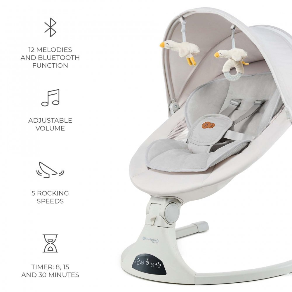 KINDERKRAFT Baloansoar electric pentru copii Tulsy Beige cu telecomanda reglare spatar plasa de tantari jucarii functii Bluetooth si USB