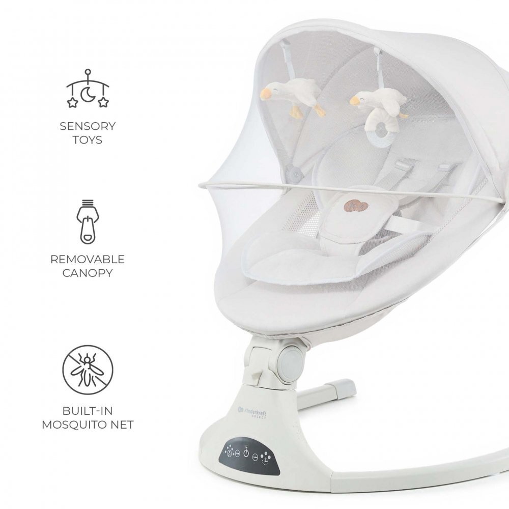 KINDERKRAFT Baloansoar electric pentru copii Tulsy Beige cu telecomanda reglare spatar plasa de tantari jucarii functii Bluetooth si USB