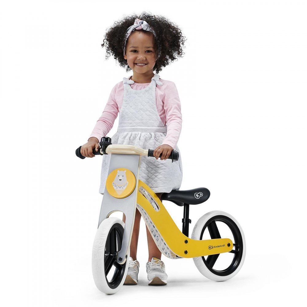 KINDERKRAFT Bicicleta de echilibru din lemn Uniq Honey cu scaun moale reglabil roti din spuma EVA maner pentru transport pana la 35 kg