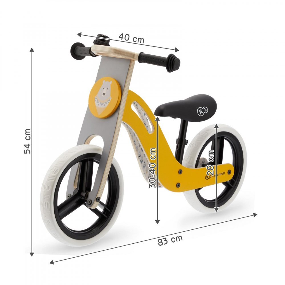 KINDERKRAFT Bicicleta de echilibru din lemn Uniq Honey cu scaun moale reglabil roti din spuma EVA maner pentru transport pana la 35 kg