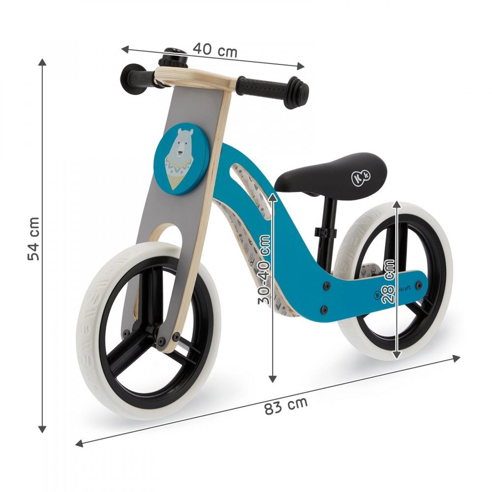 KINDERKRAFT Bicicleta de echilibru din lemn Uniq Turqouise cu scaun moale reglabil roti din spuma EVA maner pentru transport pana la 35 kg