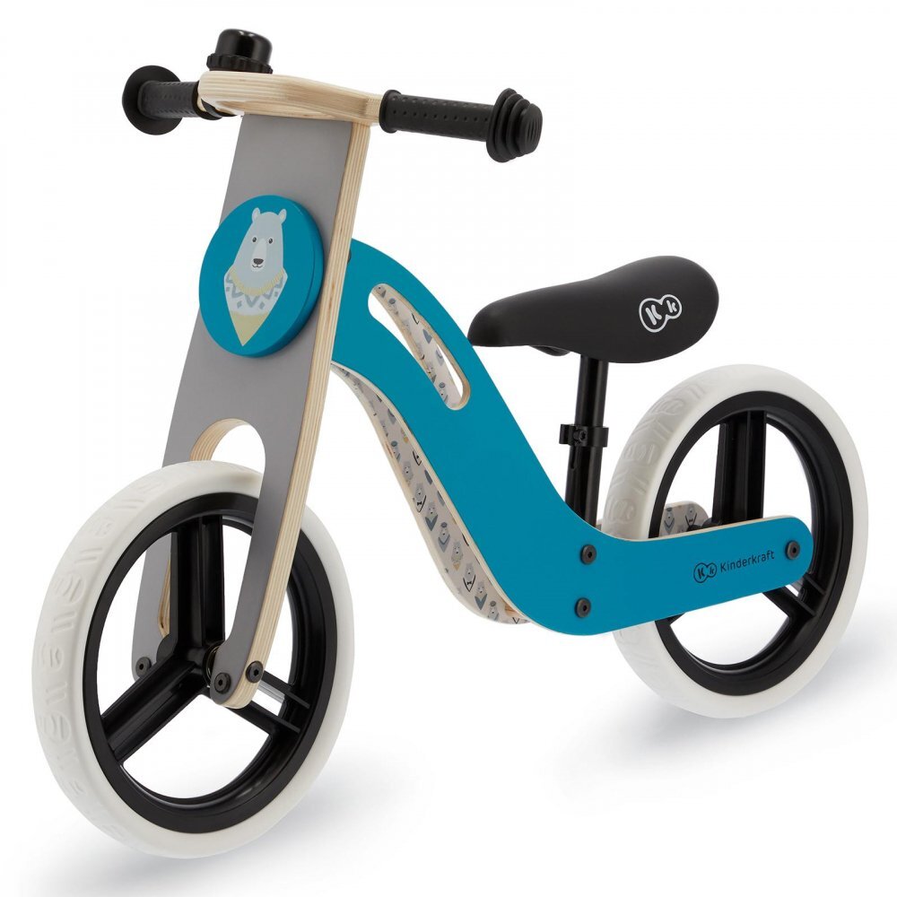 KINDERKRAFT Bicicleta de echilibru din lemn Uniq Turqouise cu scaun moale reglabil roti din spuma EVA maner pentru transport pana la 35 kg