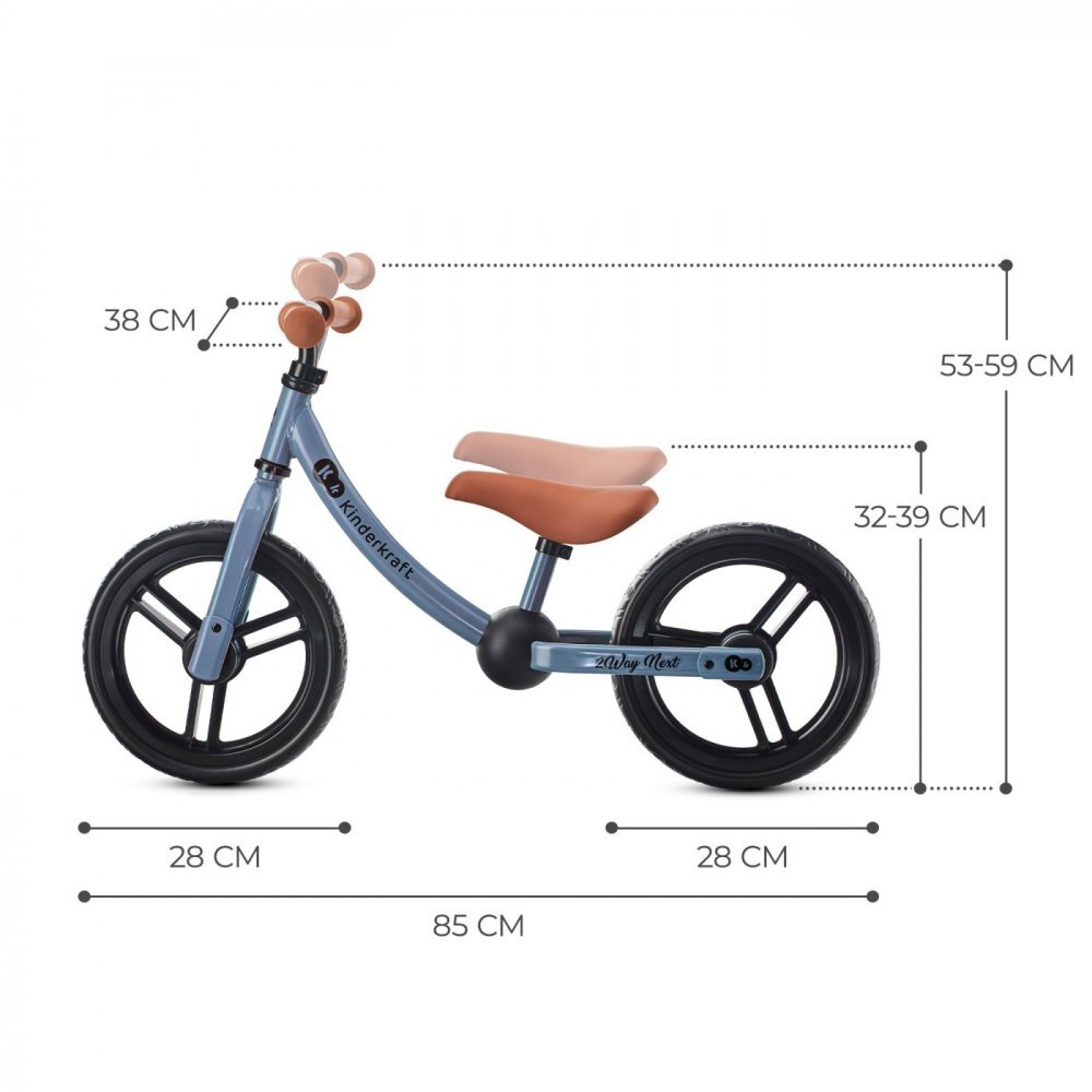KINDERKRAFT Bicicleta pentru copii copii 2Way Next Blue Sky 10 inch scaun reglabil de la 31-39 cm roti spuma EVA ghidon reglabil pentru copii de la 2 ani pana la 35 kg unghi de viraj limitat