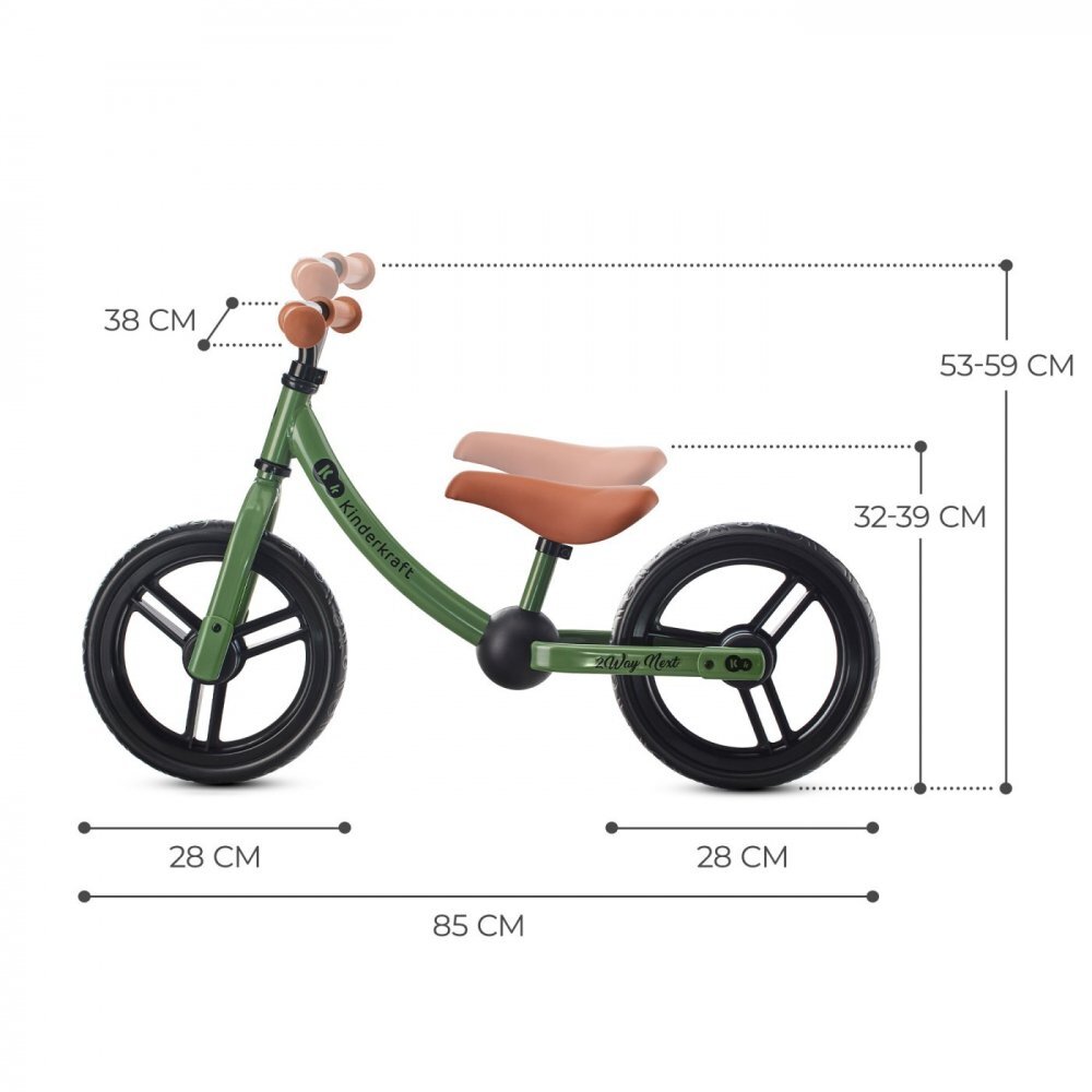 KINDERKRAFT Bicicleta pentru copii copii 2Way Next Light Green 10 inch scaun reglabil de la 31-39 cm roti spuma EVA ghidon reglabil pentru copii de la 2 ani pana la 35 kg unghi de viraj limitat