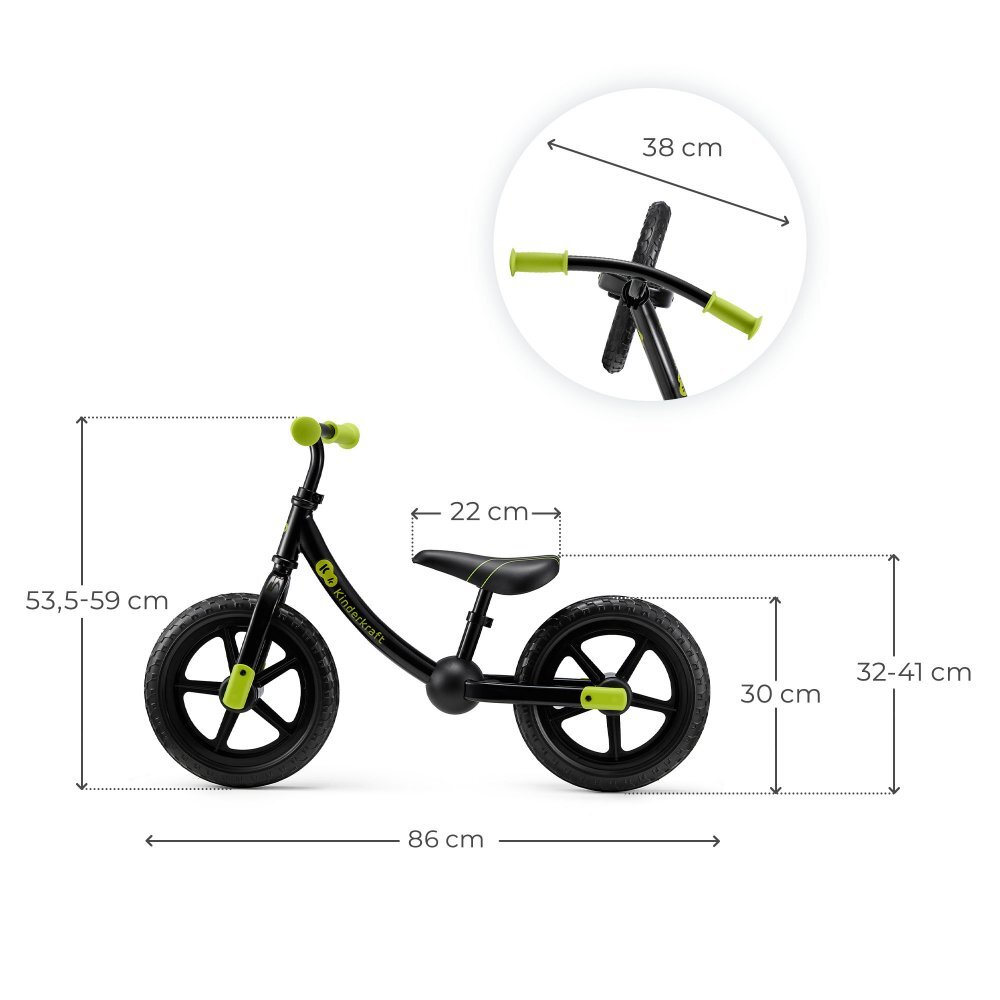 KINDERKRAFT Bicicleta pentru copii copii 2Way Next Offroad Black scaun reglabil de la 32-41 cm roti spuma EVA ghidon reglabil pentru copii de la 2 ani pana la 35 kg unghi de viraj limitat