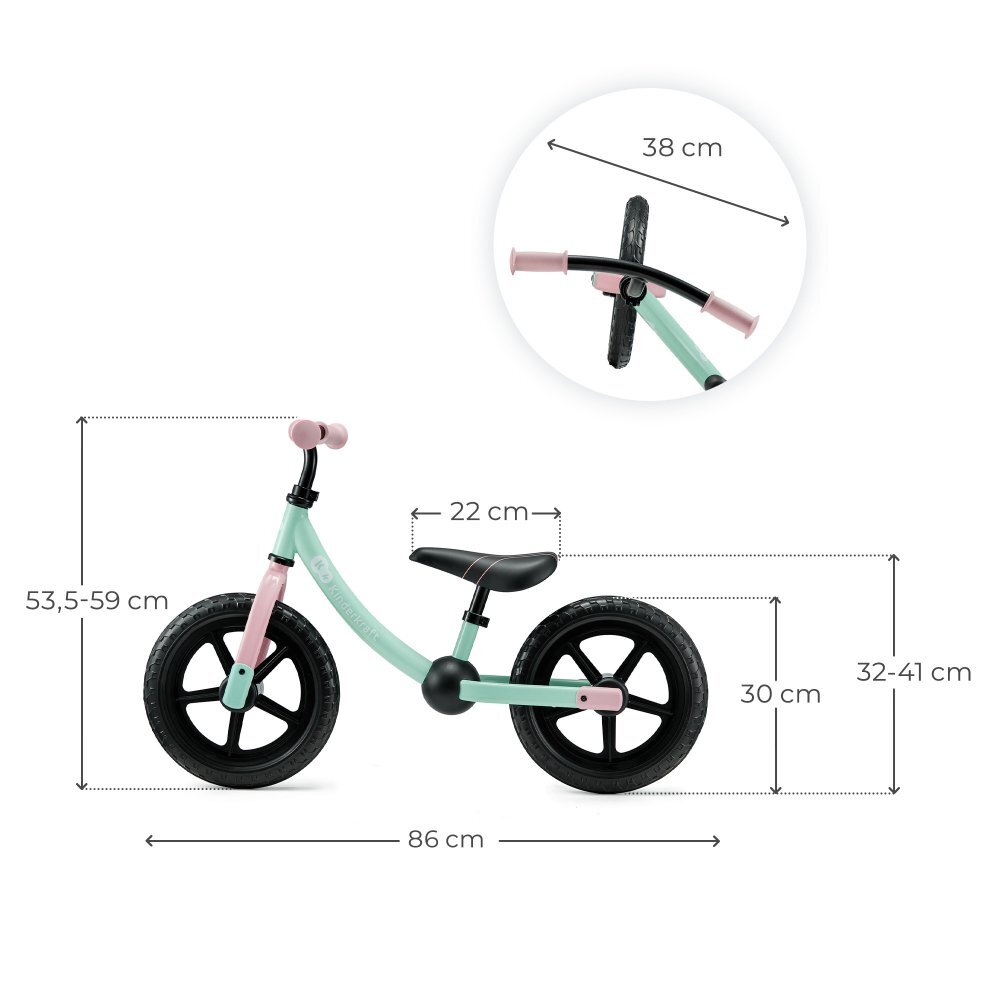 KINDERKRAFT Bicicleta pentru copii copii 2Way Next Offroad Candy Mint scaun reglabil de la 32-41 cm roti spuma EVA ghidon reglabil pentru copii de la 2 ani pana la 35 kg unghi de viraj limitat