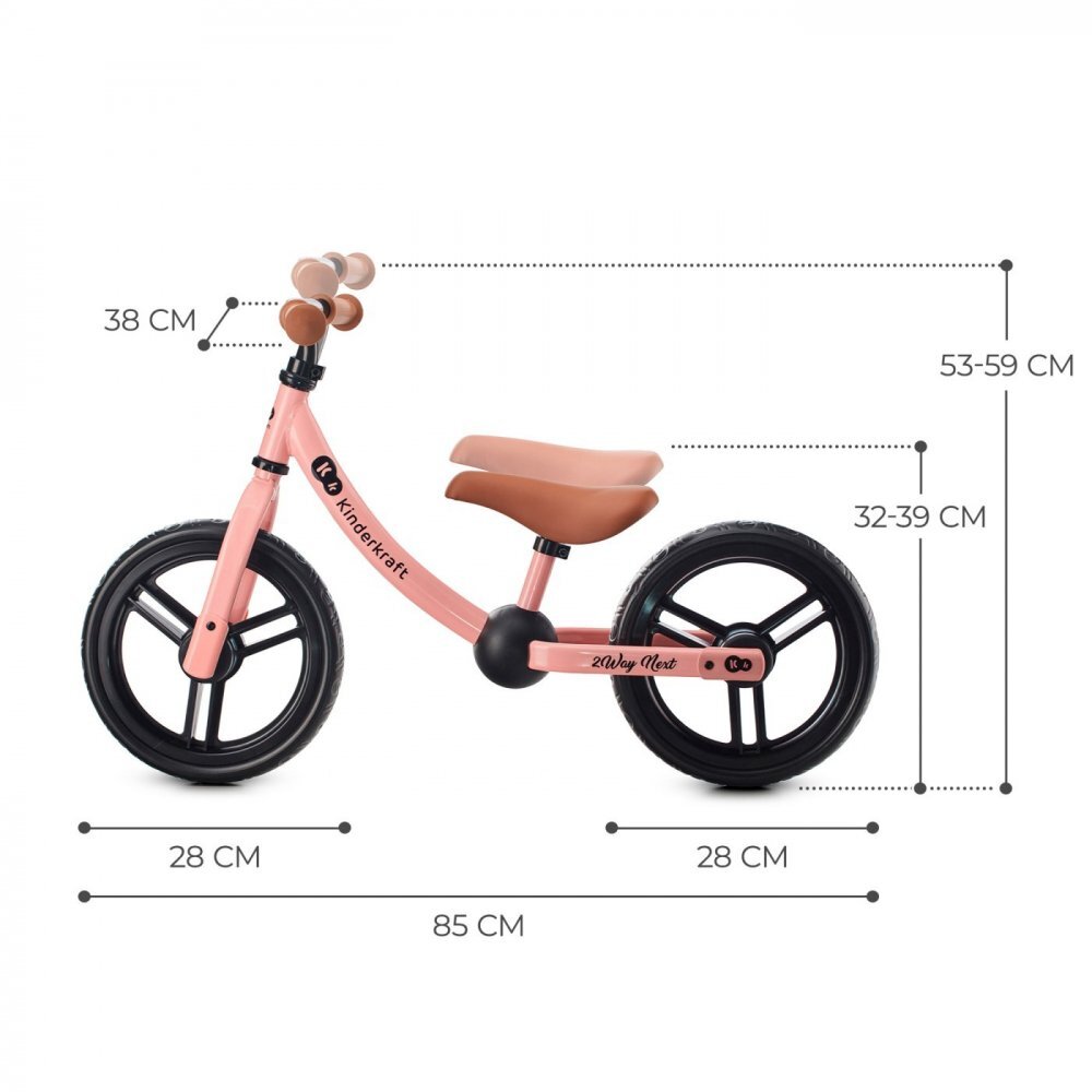 KINDERKRAFT Bicicleta pentru copii copii 2Way Next Rose Pink 10 inch scaun reglabil de la 31-39 cm roti spuma EVA ghidon reglabil pentru copii de la 2 ani pana la 35 kg unghi de viraj limitat