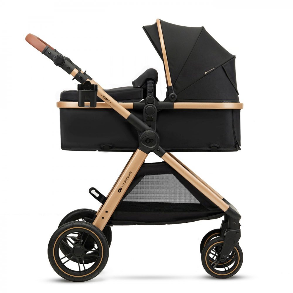 KINDERKRAFT Carucior pentru copii Esme Pure Black 3 in 1 reversibil cu spatar si maner reglabil suportul pentru pahar husa pentru picioare husa de ploaie geanta