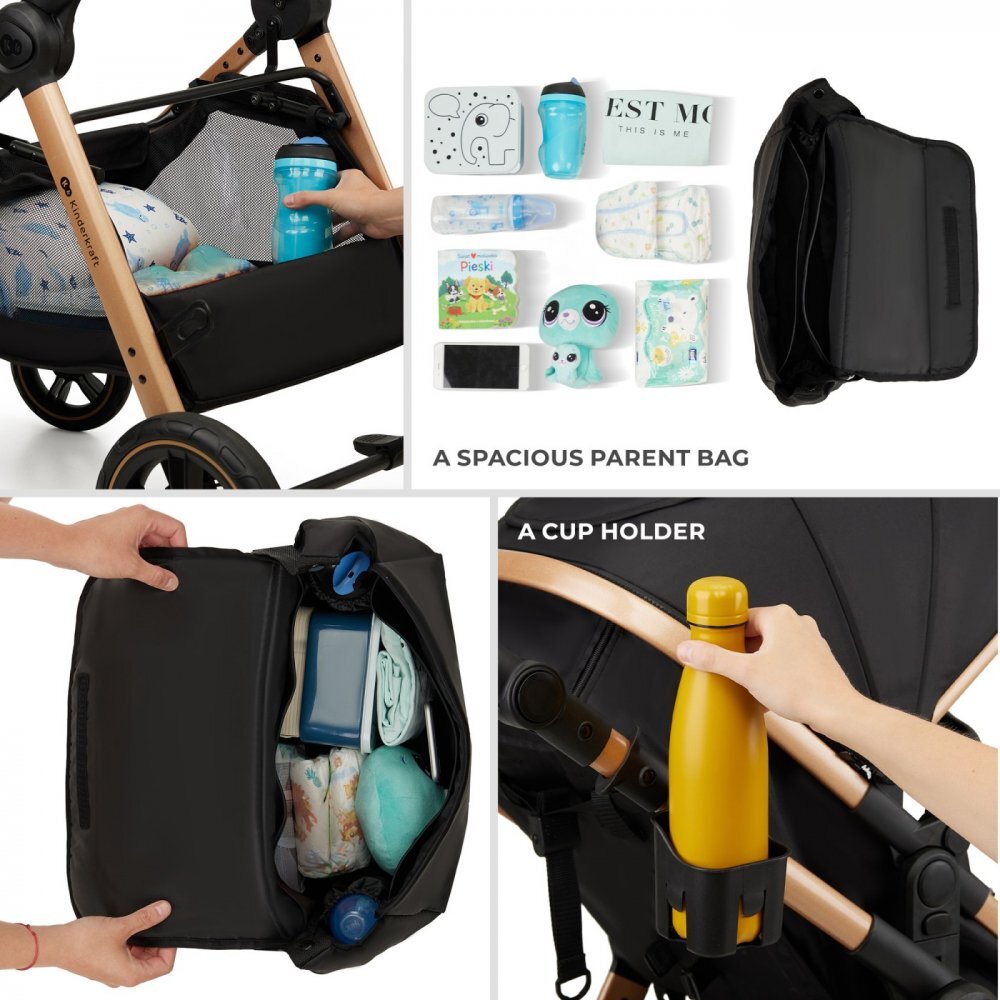KINDERKRAFT Carucior pentru copii Esme Sand Beige 3 in 1 reversibil cu spatar si maner reglabil suportul pentru pahar husa pentru picioare husa de ploaie geanta