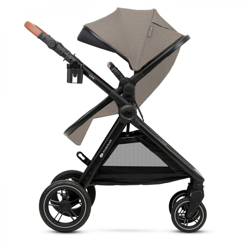 KINDERKRAFT Carucior pentru copii Esme Sand Beige 3 in 1 reversibil cu spatar si maner reglabil suportul pentru pahar husa pentru picioare husa de ploaie geanta