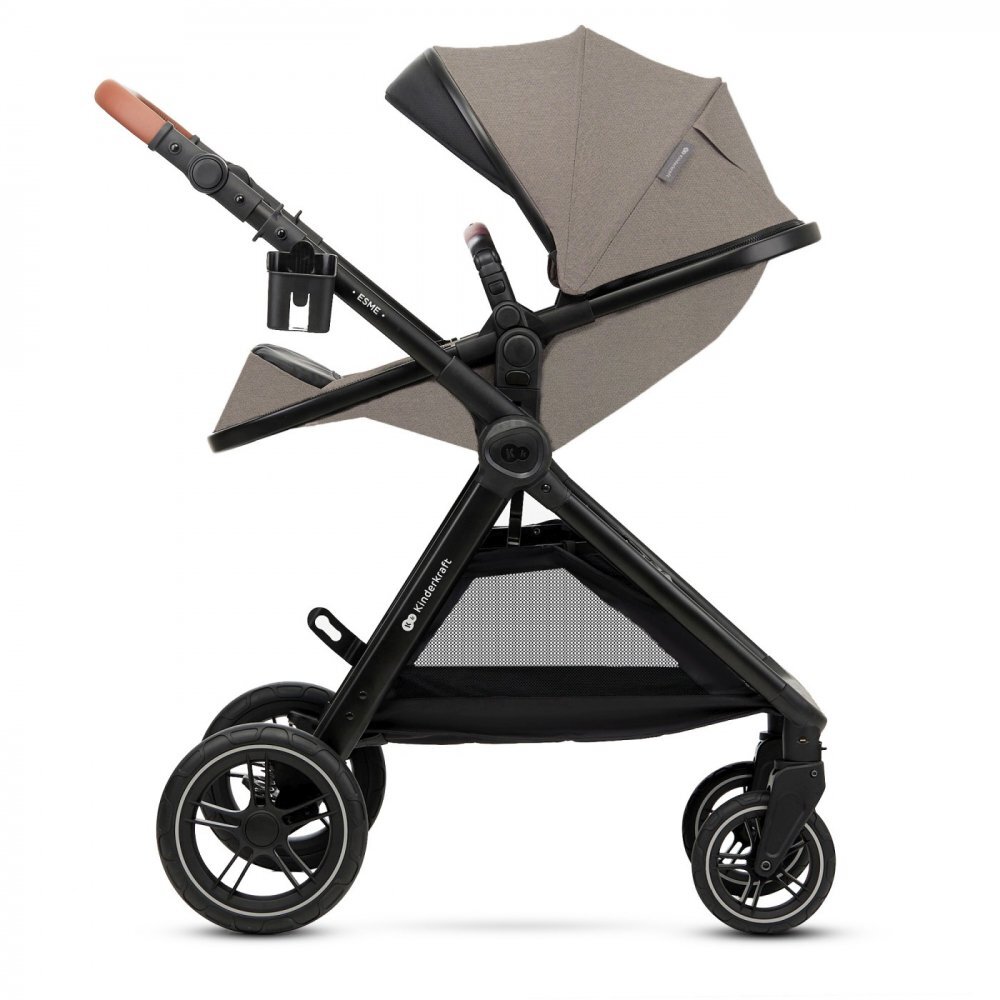 KINDERKRAFT Carucior pentru copii Esme Sand Beige 3 in 1 reversibil cu spatar si maner reglabil suportul pentru pahar husa pentru picioare husa de ploaie geanta