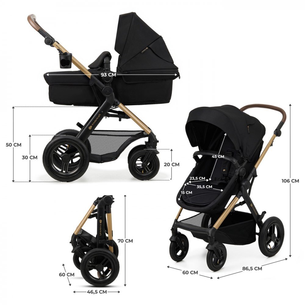 KINDERKRAFT Carucior pentru copii Moov 2 air Pure Black 4 in 1 multifunctional cu suspensii spatar reglabil maner ajustabil accesorii