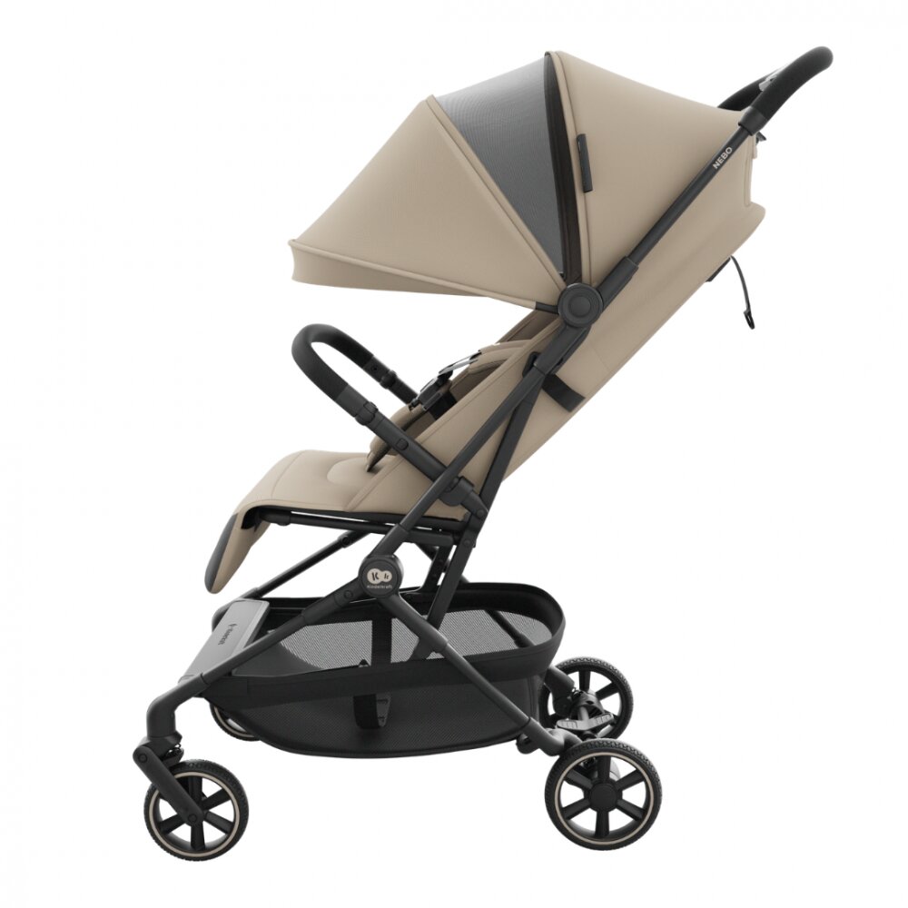 KINDERKRAFT Carucior pentru copii Nebo Soft Beige cadru din aluminiu compact compatibil avion greutate admisa 22 kg include geanta de transport si curea de umar