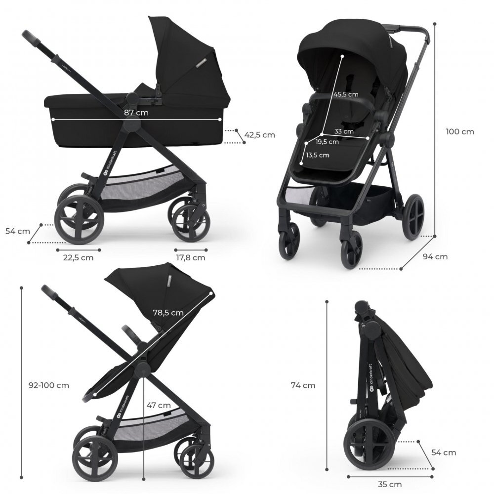 KINDERKRAFT Carucior pentru copii Newly Classic Black 4 in 1 cu suspensii cadru din aluminiu reversibil si accesorii incluse