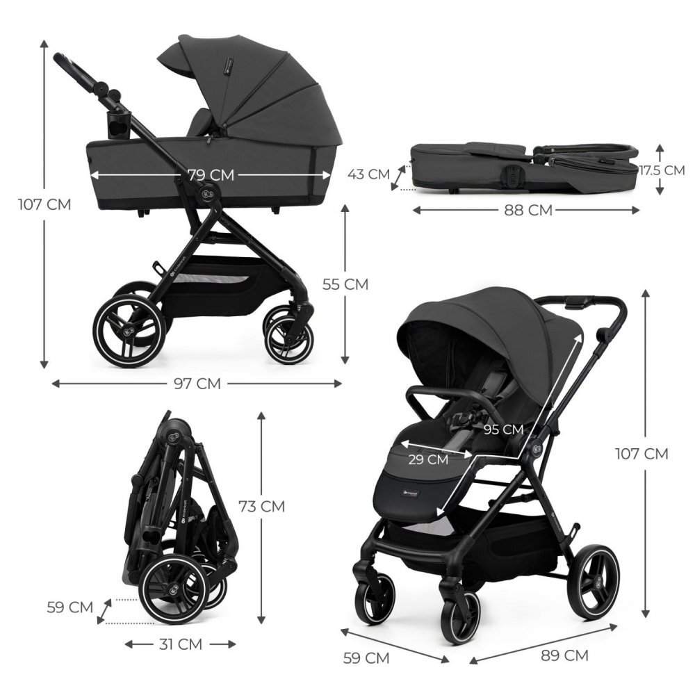 KINDERKRAFT Carucior pentru copii Yoxi Moonlight Grey 2 in 1 suspensii spatar reglabil maner ajustabil accesorii