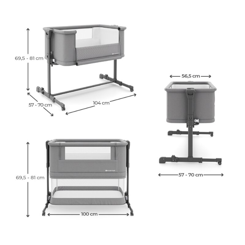 KINDERKRAFT Patut 3 in 1 Nestee Grow 2 next to me Dark Grey cu roti si picioare telescopice