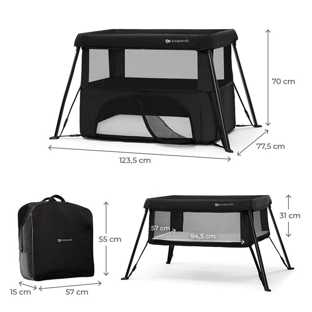 KINDERKRAFT Patut pliabil Cami Black cu doua nivele si rucsac de calatorie