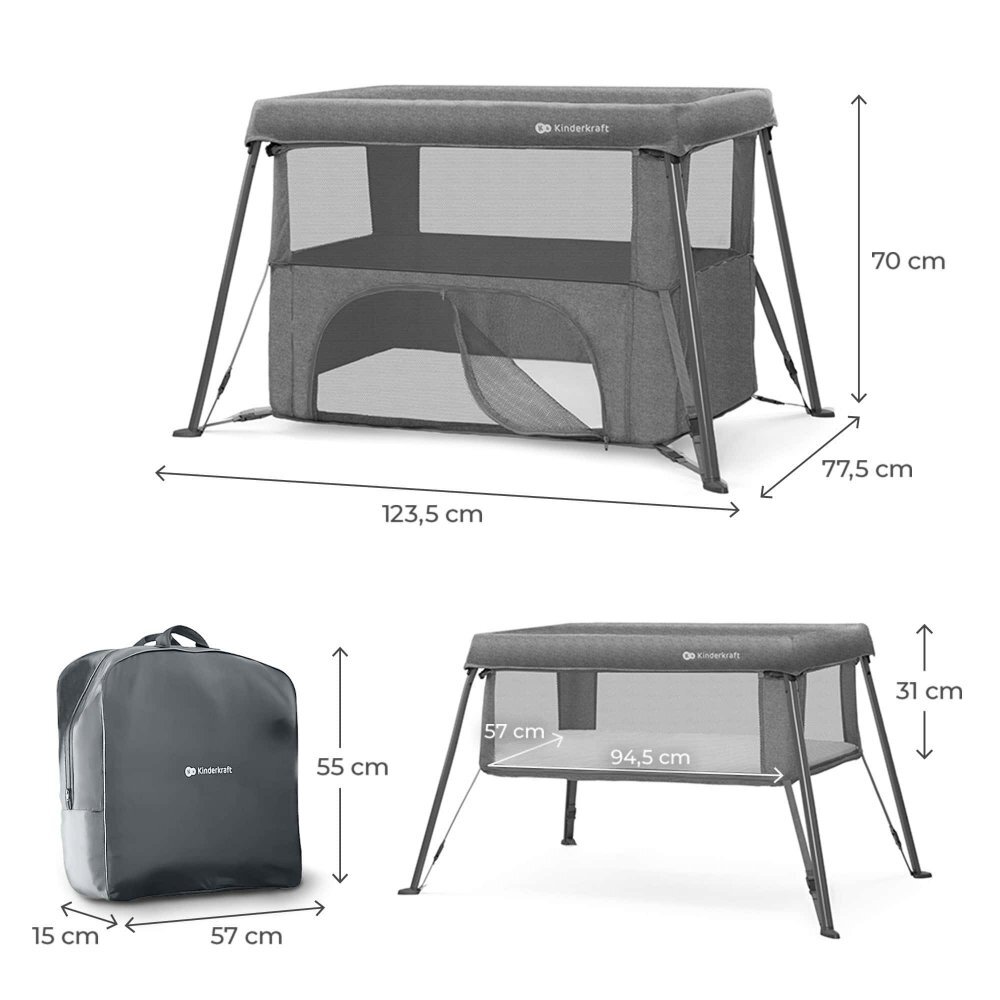 KINDERKRAFT Patut pliabil Cami Grey cu doua nivele si rucsac de calatorie