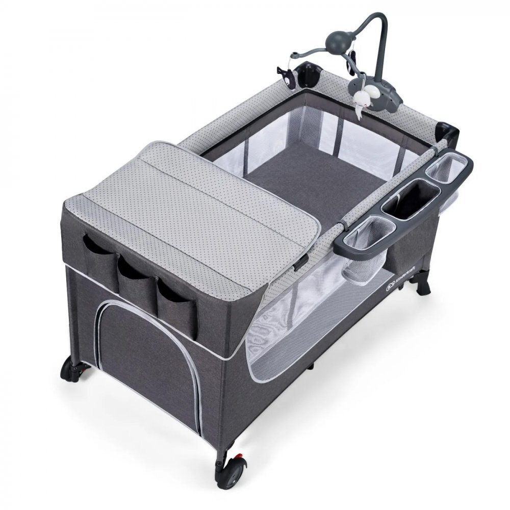 KINDERKRAFT Patut pliabil cu doua nivele cadru din otel mecanism de pliere rapida dotat cu carusel muzical si masuta de infasat 126 x 65 x 76cm Grey