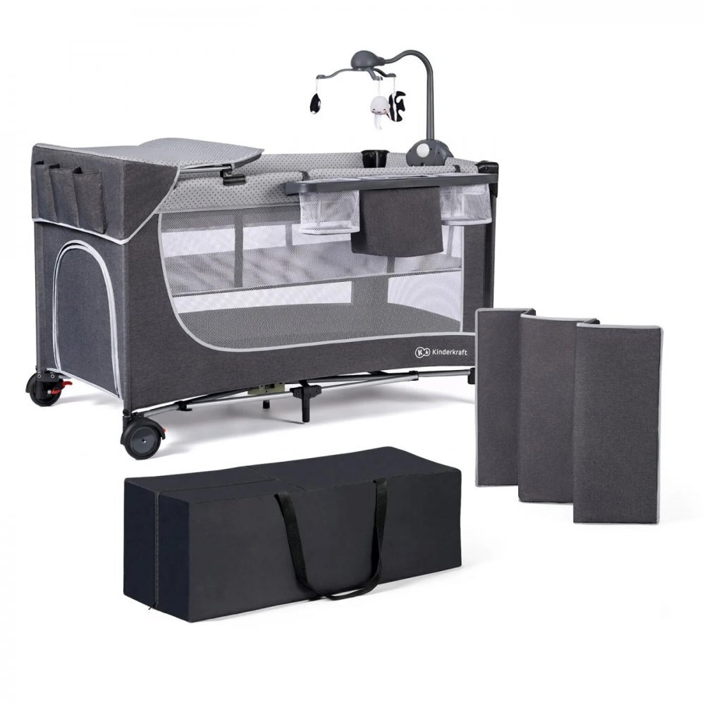 KINDERKRAFT Patut pliabil cu doua nivele cadru din otel mecanism de pliere rapida dotat cu carusel muzical si masuta de infasat 126 x 65 x 76cm Grey