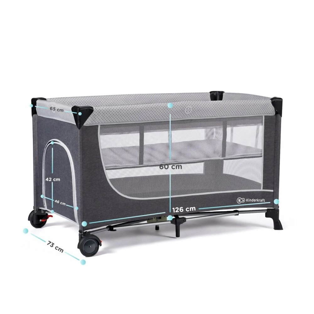 KINDERKRAFT Patut pliabil cu doua nivele cadru din otel mecanism de pliere rapida dotat cu carusel muzical si masuta de infasat 126 x 65 x 76cm Grey