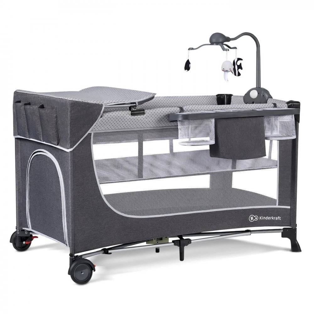 KINDERKRAFT Patut pliabil cu doua nivele cadru din otel mecanism de pliere rapida dotat cu carusel muzical si masuta de infasat 126 x 65 x 76cm Grey