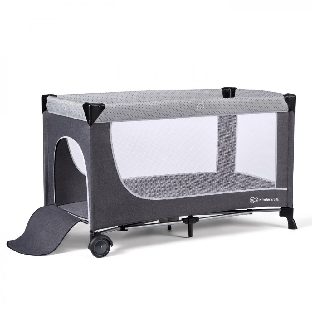 KINDERKRAFT Patut pliabil cu doua nivele cadru din otel mecanism de pliere rapida dotat cu carusel muzical si masuta de infasat 126 x 65 x 76cm Grey