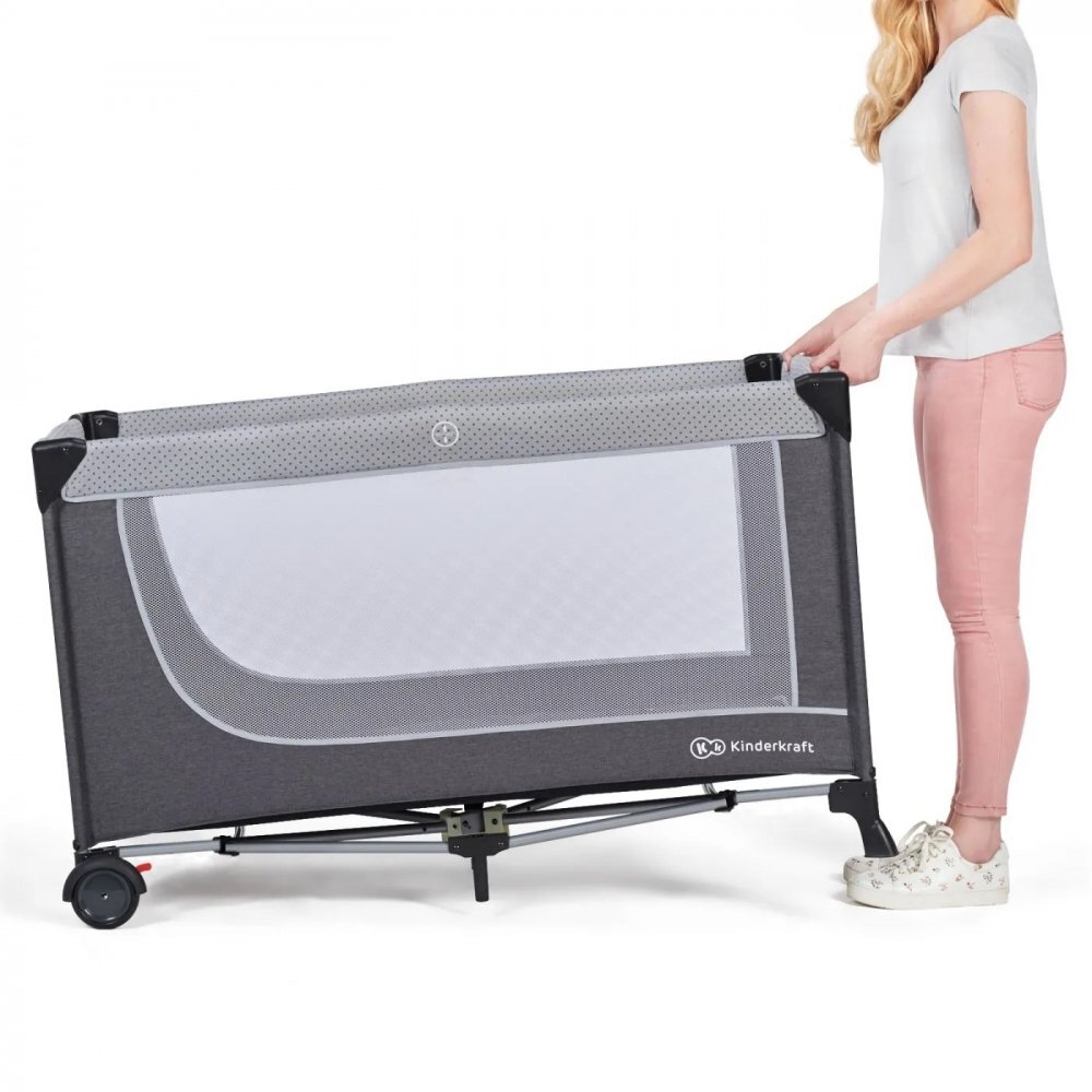 KINDERKRAFT Patut pliabil cu doua nivele cadru din otel mecanism de pliere rapida dotat cu carusel muzical si masuta de infasat 126 x 65 x 76cm Grey